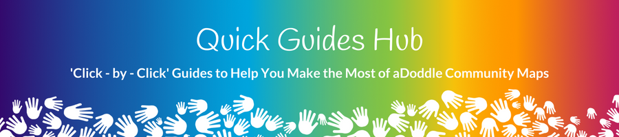 Quick Guides Hub - Guides to help you make the most of aDoddle. Set on a graduated rainbow background with an assortment of different sized white hands creating a boarder along the bottom edge.