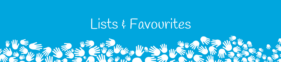 Lists & Favourites. Set on a turquoise background with an assortment of different sized white hands creating a boarder along the bottom edge.