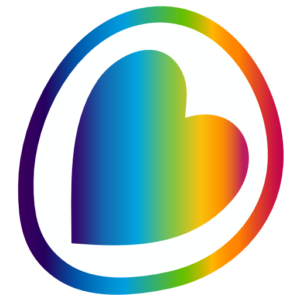 aDoddle logo, an off centre heart, rainbow centre fill with a white heart which has a rainbow border